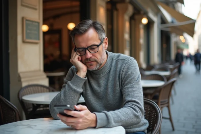 Personne lisant des rumeurs sur les réseaux sociaux à une terrasse de café parisien, symbole des spéculations des internautes