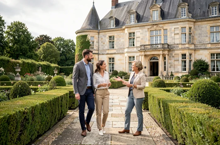Un couple visite un château de réception avec une coordinatrice de lieu plus d'un an avant leur mariage.