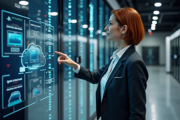 Responsable informatique présentant l'architecture de virtualisation VDI devant une salle de serveurs