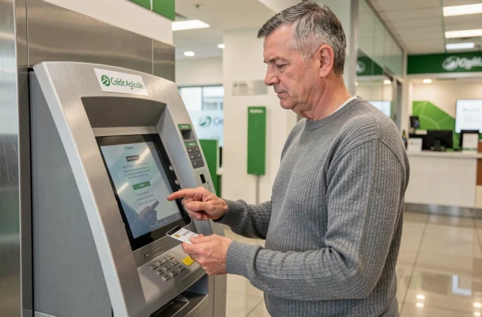 Homme effectuant un retrait depuis un compte titres sur une borne libre-service dans une agence Crédit Agricole