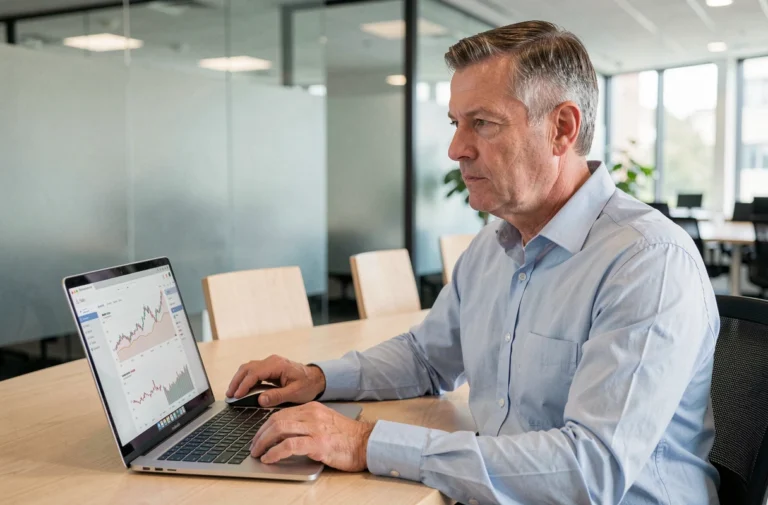 Homme consultant son compte titres Crédit Agricole sur un ordinateur portable dans une agence bancaire moderne