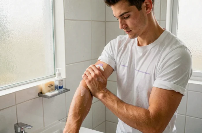 Jeune homme retirant les restes d'un stencil de tatouage sur le bras dans une salle de bain moderne avec du coton et un produit nettoyant
