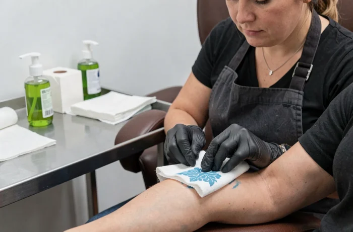 Tatoueuse professionnelle retirant un stencil de tatouage du bras d'un client avec un chiffon humide dans un studio de tatouage propre
