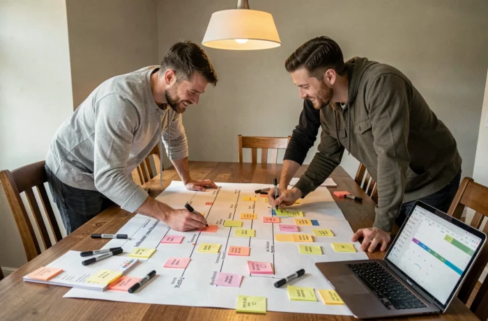 Un couple construit un rétroplanning partagé de leur mariage autour d'une table, utilisant des post-it et un calendrier en ligne.