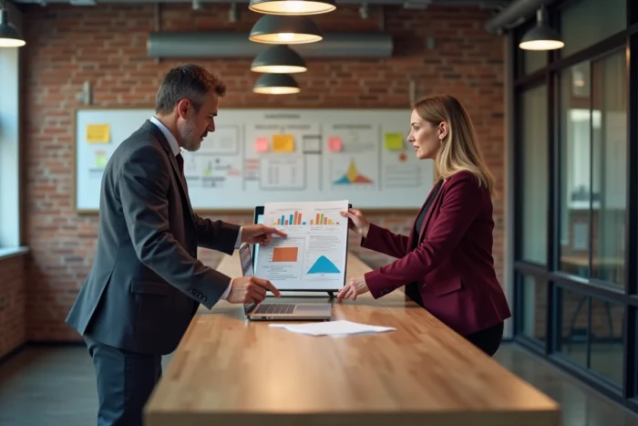 Deux professionnels en réunion debout analysant des stratégies de génération de leads B2B sur des graphiques et un ordinateur portable en espace de coworking