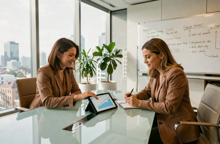 Deux professionnelles collaborant lors d'une réunion stratégique pour développer leur entreprise grâce aux services de Madam Business
