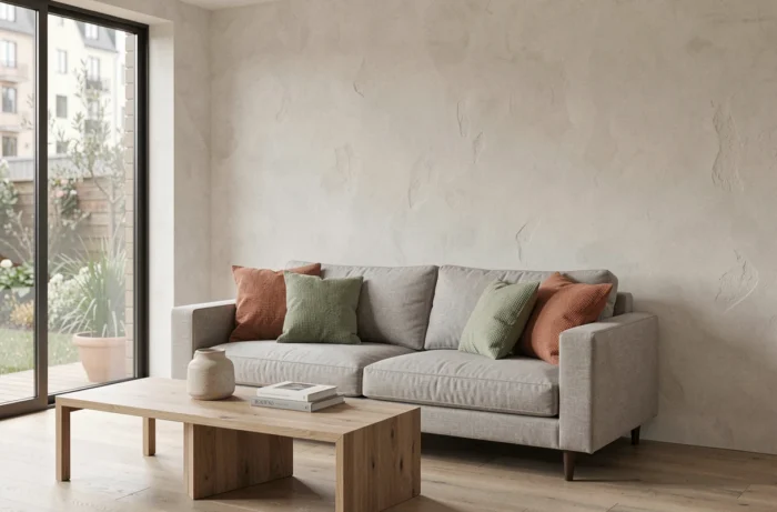 Salon moderne de style scandinave avec canapé en lin gris, table basse en chêne et plantes décoratives pour une maison confortable