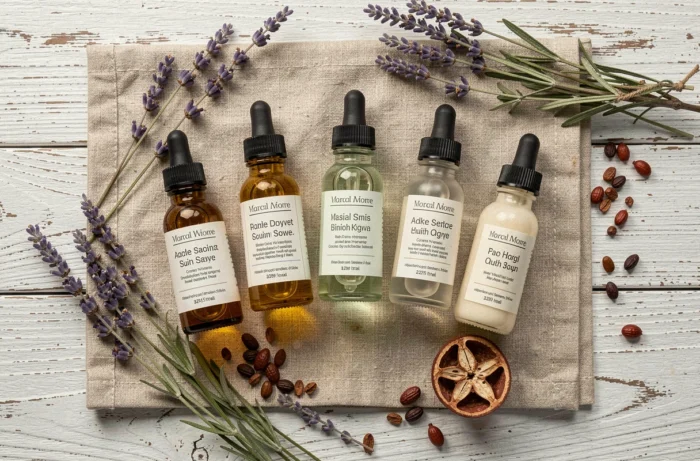 Sélection de flacons d'huiles essentielles pour le visage disposés en flat lay sur lin naturel