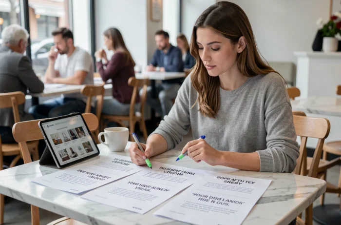 Une future mariée compare des devis de prestataires de mariage sur une table de café, analysant les offres avec un surligneur.