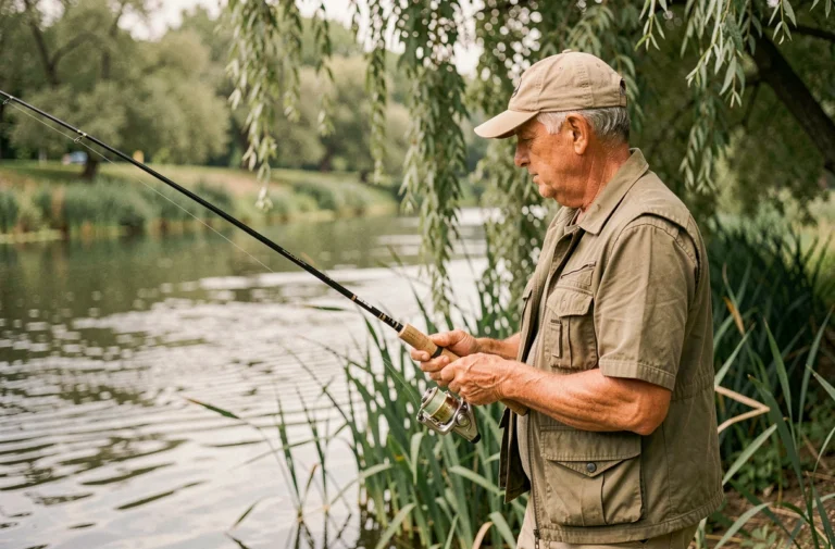 Senior homme de 60 ans pêchant au bord d'une rivière calme avec une canne à pêche, portant une veste de pêche kaki et une casquette beige