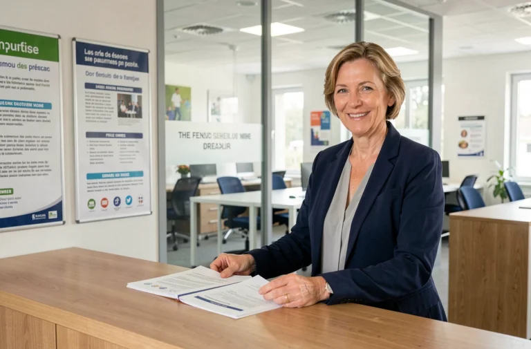 Employée de la communauté de communes de Guingamp accueillant des administrés dans un espace de services publics moderne