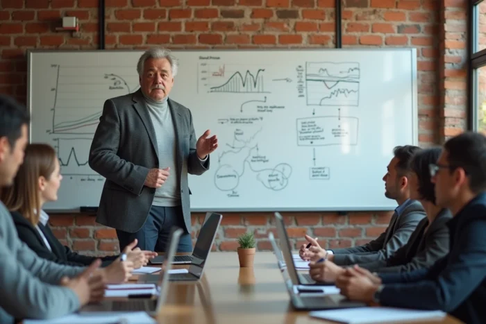 Chef d'entreprise expliquant une stratégie financière sur un tableau blanc dans une salle de réunion collaborative