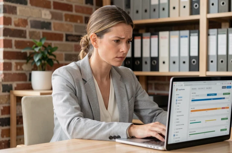 Femme analyste SEO travaillant sur une stratégie de mots clés sur ordinateur portable dans un bureau professionnel moderne