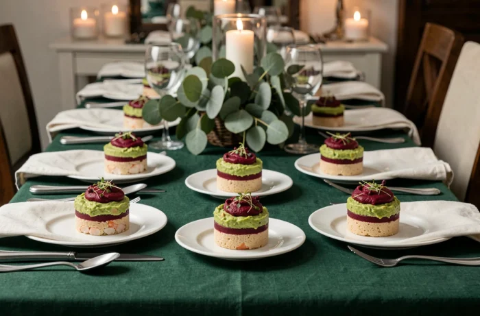 Table de fête dressée avec six verrines salées individuelles garnies de guacamole, rillettes de crabe et crème de betterave pour des invités