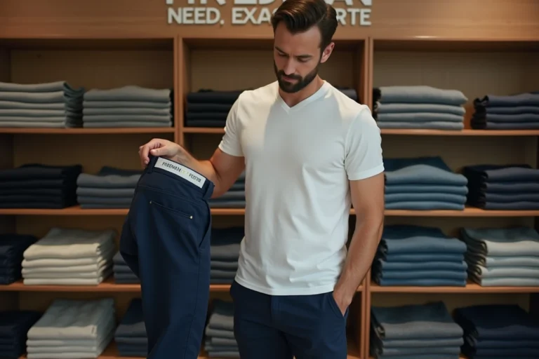 Homme examinant l'étiquette de taille d'un pantalon chino Freeman Porter dans une boutique de vêtements pour hommes