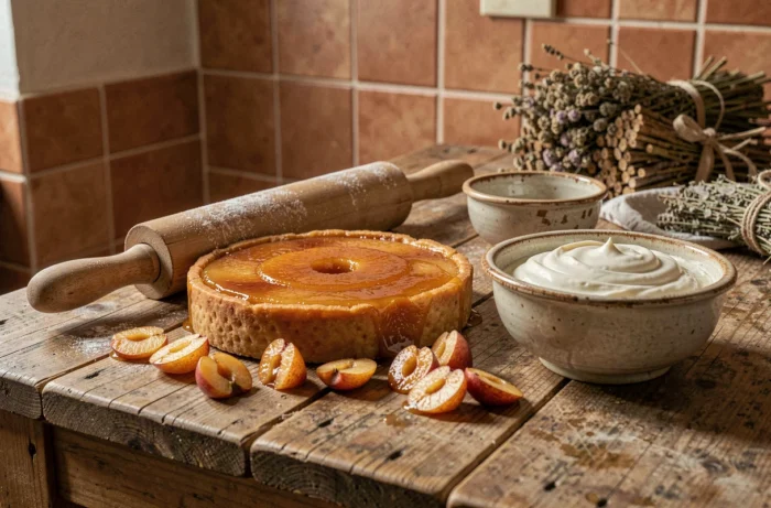 Tarte Tatin aux pommes caramélisées refroidissant sur une table en bois rustique dans une cuisine campagnarde française