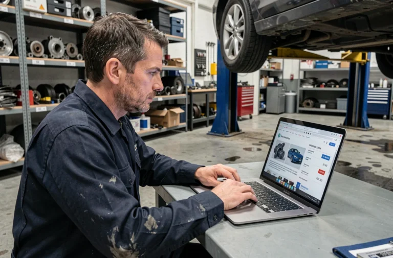 Technicien automobile utilisant un catalogue de pièces Renault en ligne sur un ordinateur portable dans un garage professionnel
