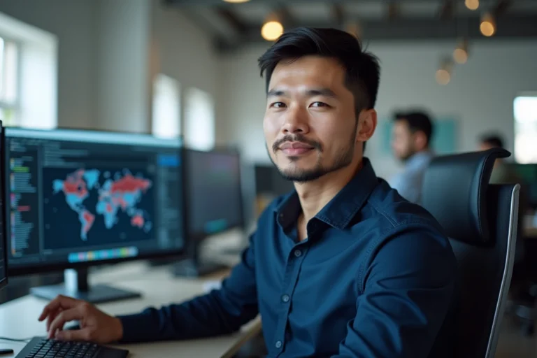 Technicien informatique configurant une infrastructure VDI sur des écrans de travail en entreprise
