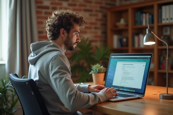Jeune professionnel travaillant à distance via un bureau virtuel VDI sur son ordinateur portable à domicile