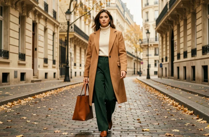 Femme élégante en manteau camel oversize et pantalon large vert forêt marchant dans une rue pavée parisienne en automne, tendance mode saison