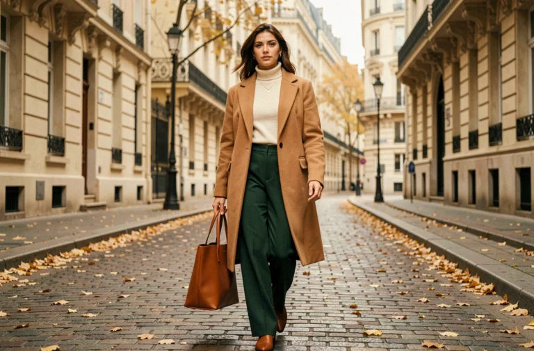 Femme élégante en manteau camel oversize et pantalon large vert forêt marchant dans une rue pavée parisienne en automne, tendance mode saison