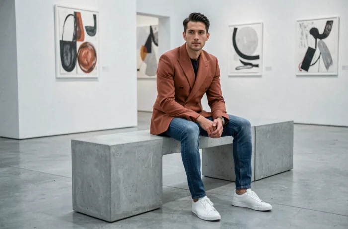 Homme en blazer terracotta structuré et jean brut assis dans une galerie d'art contemporaine minimaliste, nouvelle tendance mode masculine saison