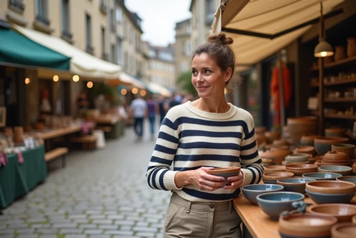 Femme en marinière bretonne découvrant des céramiques artisanales dans un marché breton typique aux ruelles pavées