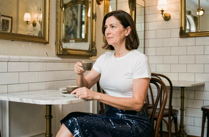 Femme sophistiquée en jupe sequins bleu nuit assise dans un café parisien raffiné