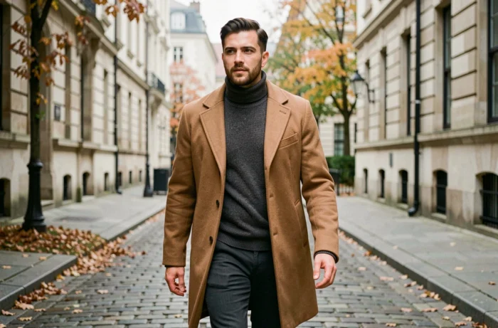 Homme en manteau camel structuré marchant dans une rue pavée européenne en automne