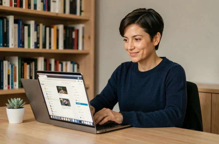 Femme concentrée consultant les dernières tendances informatiques sur un ordinateur portable dans un bureau moderne