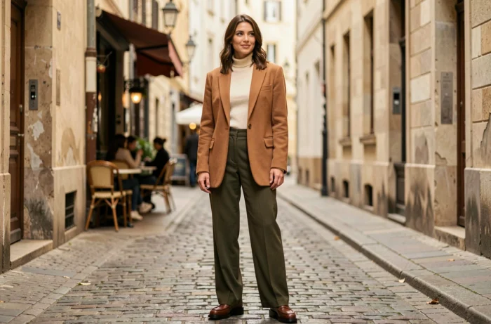 Femme en blazer camel oversize et pantalon large olive marchant dans une rue pavée européenne, style mode automne tendance