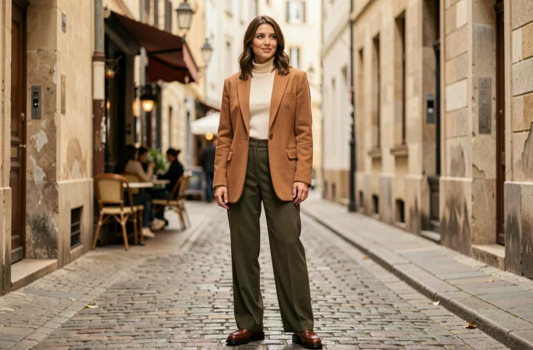 Femme en blazer camel oversize et pantalon large olive marchant dans une rue pavée européenne, style mode automne tendance