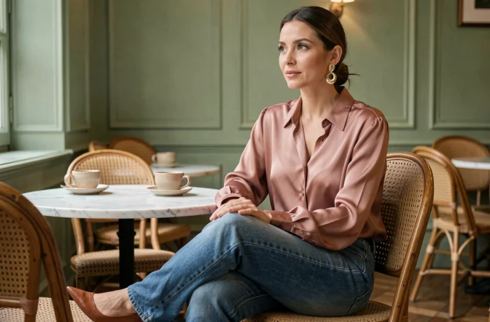 Femme élégante en blouse en soie rose poudré et jean indigo assise dans un café parisien chic, look mode tendance saison