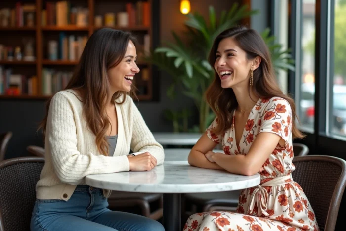 Deux femmes tendance dans un café branché portant un cardigan en maille ivoire et une robe portefeuille à motifs botaniques