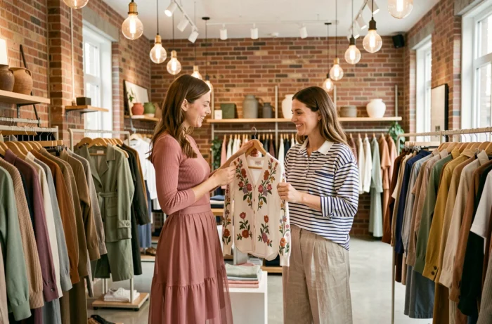 Deux femmes découvrant les nouvelles collections dans un concept store tendance avec murs en briques et vêtements aux tonalités naturelles, tendances mode saison