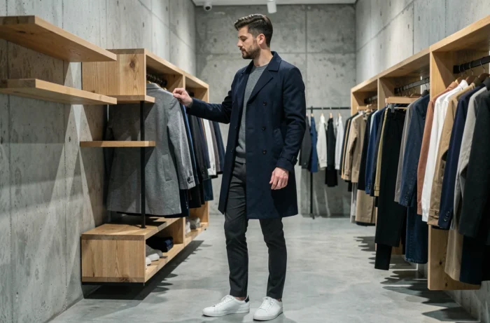 Homme en trench coat marine et sneakers blanches dans un concept store minimaliste au style contemporain, tendances mode masculine