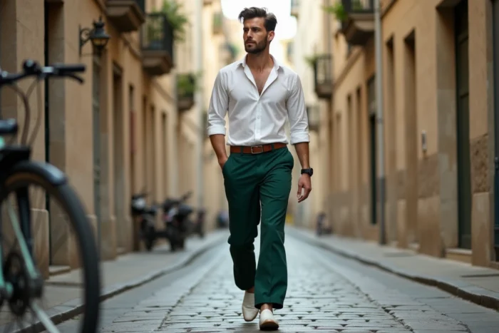 Homme stylé en pantalon large vert et chemise en lin blanc marchant dans une rue pavée européenne tendance printemps