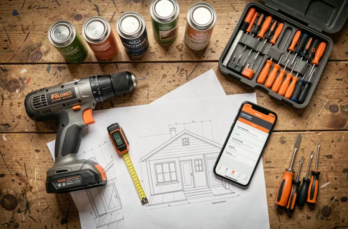 Vue de dessus des derniers outils et accessoires de bricolage tendance pour 2024 disposés sur une table d'atelier en bois