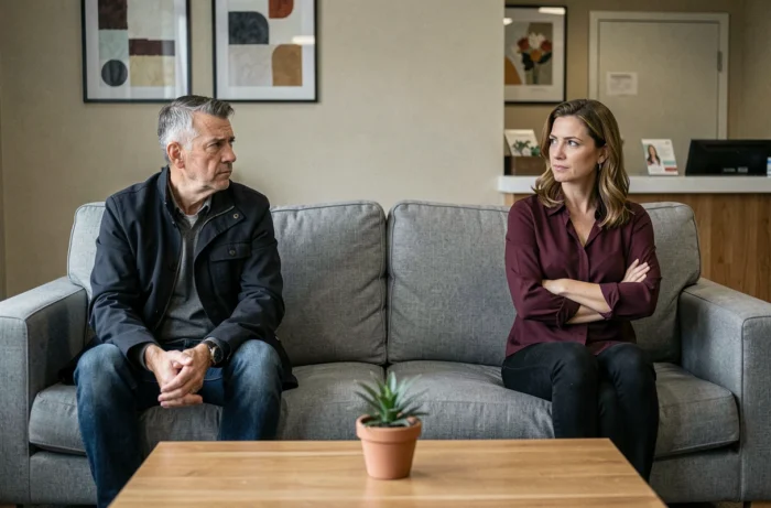 Couple de parents assis à distance l'un de l'autre dans une salle d'attente, représentant la tension familiale liée à l'éloignement d'un enfant adulte