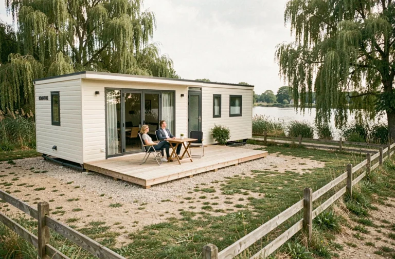Mobil-home moderne installé sur un terrain privé en Vendée en bord de rivière avec terrasse en bois et couple détendu