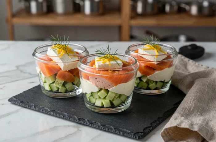 Trois verrines salées garnies de mousse de saumon fumé, concombre et fromage frais vues du dessus sur une ardoise sombre