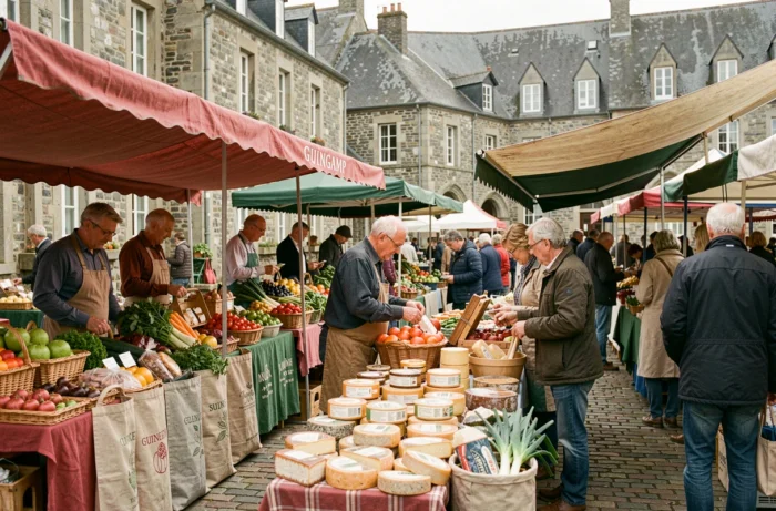 Marché local animé sur la place de Guingamp illustrant la vie communautaire et les commerces de proximité