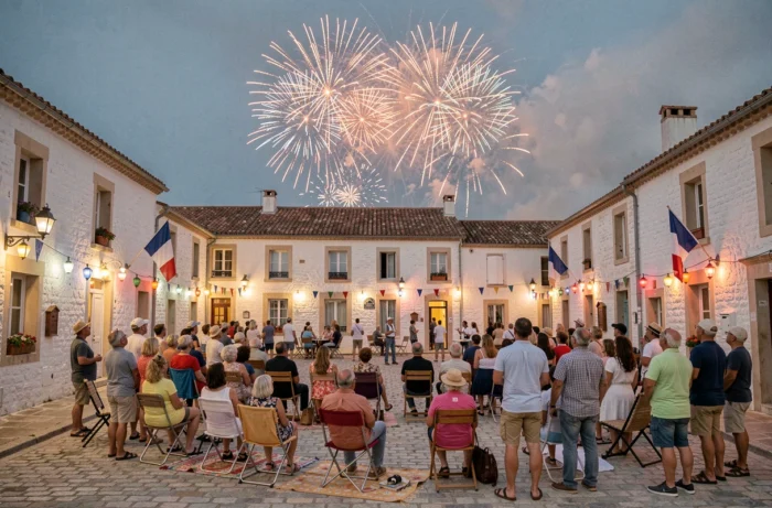 Place de village de l'île d'Oléron animée lors des feux d'artifice d'été 2025 avec des habitants réunis