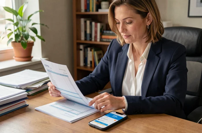 Femme vérifiant un relevé de compte titres et une application bancaire mobile à son bureau à domicile