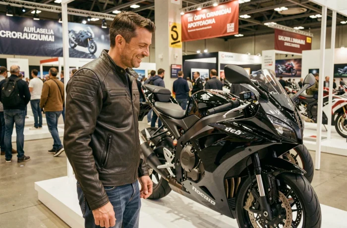 Visiteur admirant une moto de sport exposée au Salon Moto de Milan 2026