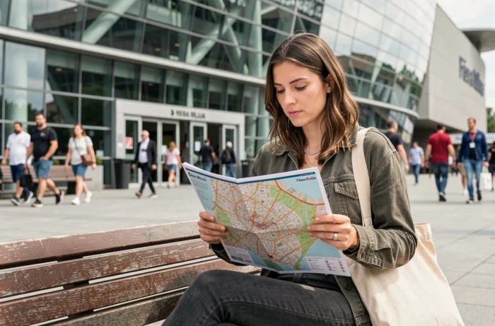 Femme consultant le plan du Salon Moto de Milan lors d'une visite le week-end
