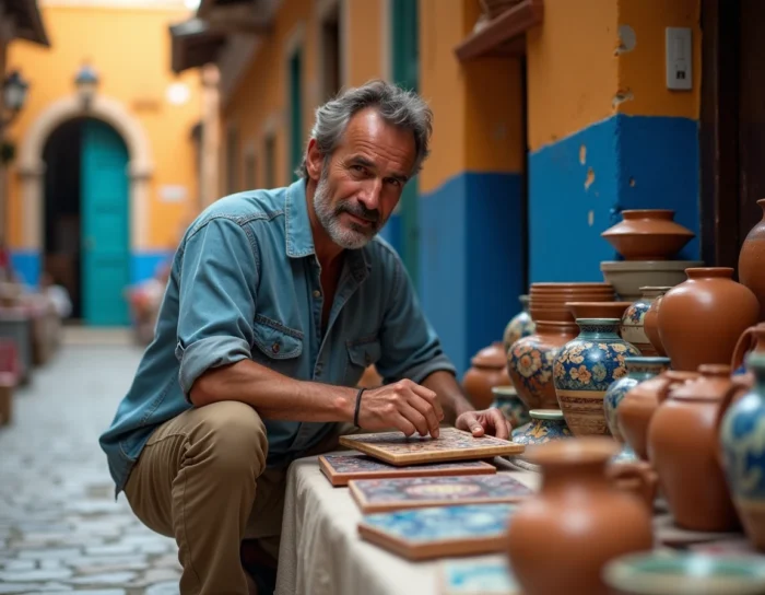 Voyageur masculin explorant un marché artisanal méditerranéen avec des céramiques colorées dans une ruelle pittoresque
