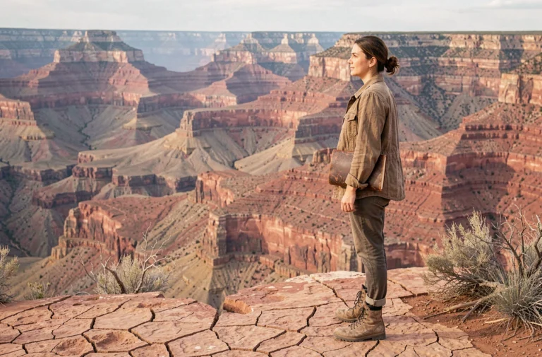 Voyageuse contemplant un canyon rouge depuis un point de vue panoramique avec un carnet de voyage sous le bras