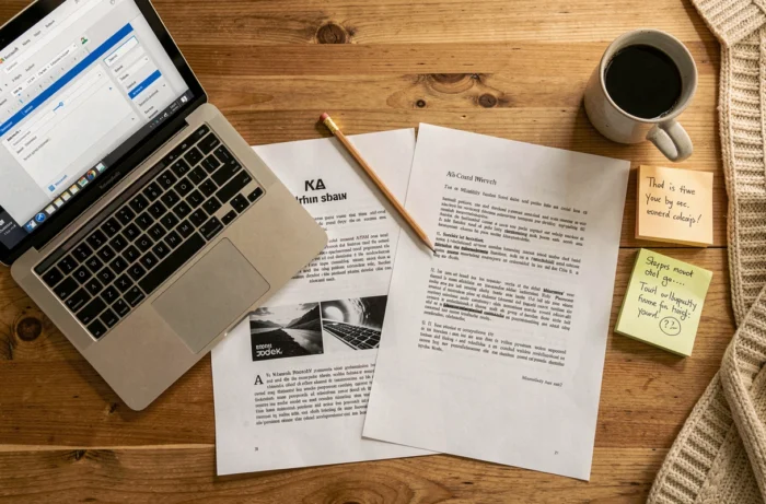 Vue de dessus d'un bureau avec un ordinateur portable ouvert sur Word, deux pages imprimées dont une en miroir et des accessoires de bureau