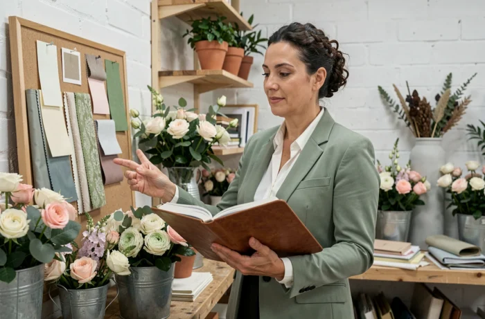 Wedding planner professionnelle consultant un tableau d'inspiration floral dans un studio de fleuriste pour organiser un mariage
